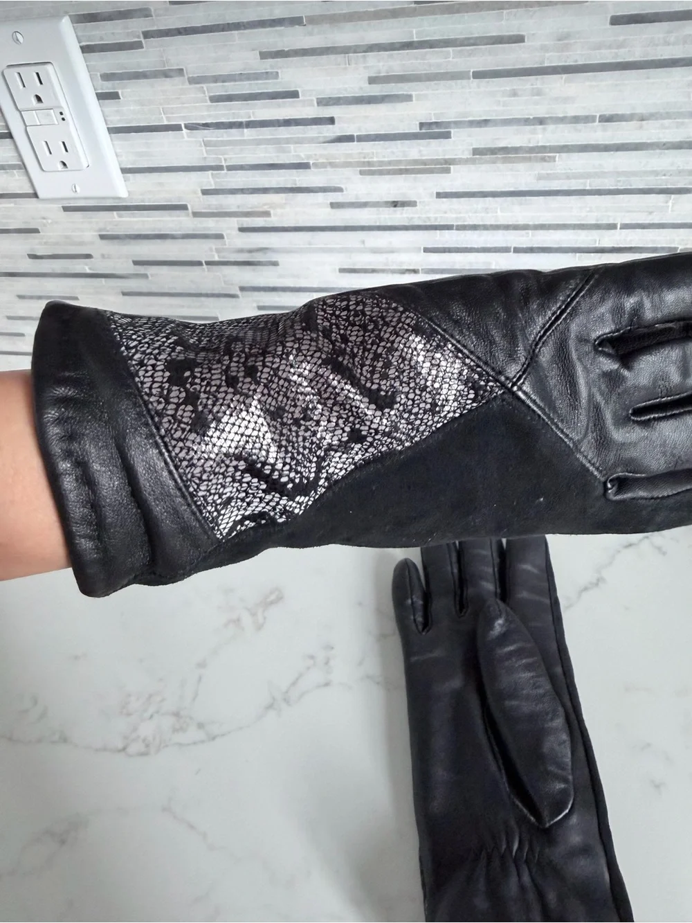 Leather and Suede Reptile-Accent Gloves - Black